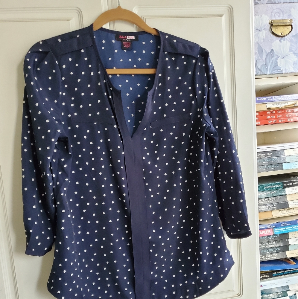 Dotted Blouse, bound and trimmed in solid blue